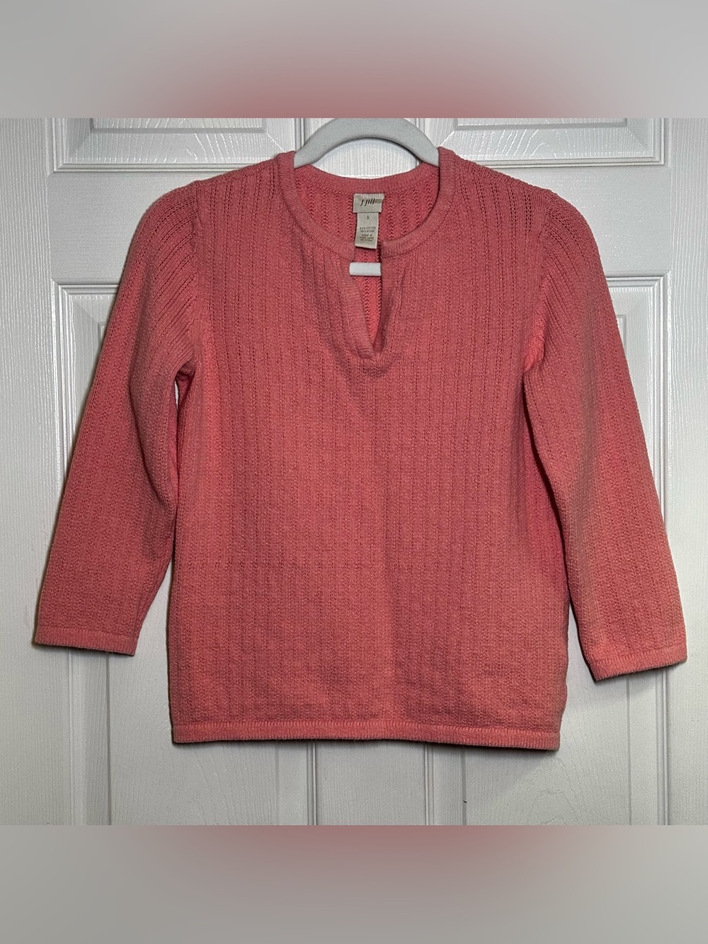 J Jill Pink Cotton Blend Sweater 3/4 Sleeve Split Neckline Women's Size Small